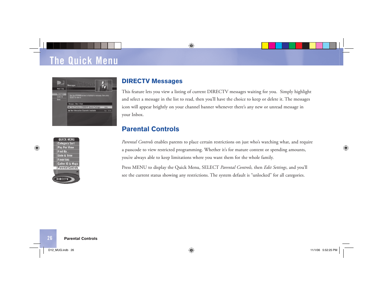 The quick menu, Parental controls | Toner Cable D12 Digital Satellite Receiver User Manual | Page 34 / 81