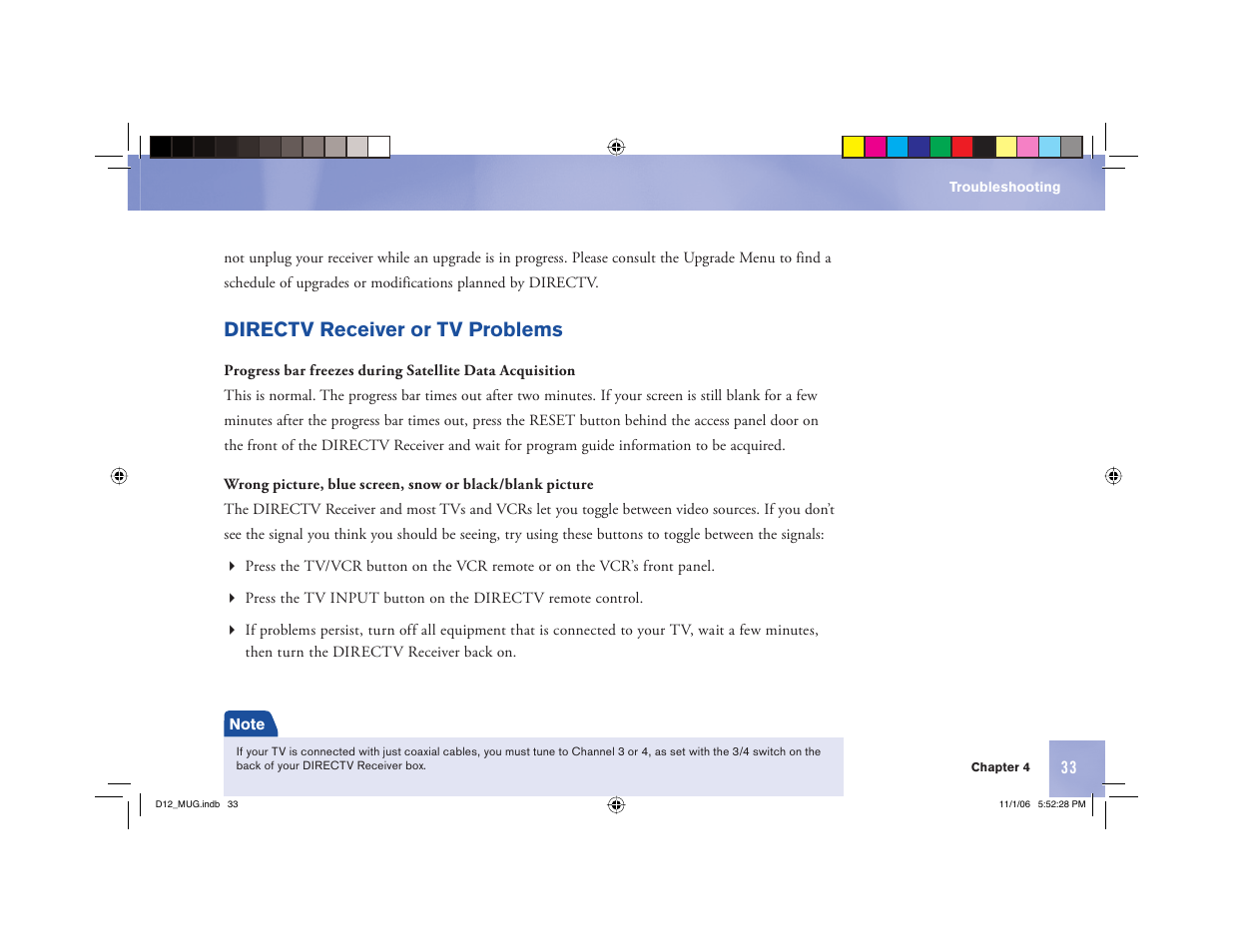 Directv receiver or tv problems | Toner Cable D12 Digital Satellite Receiver User Manual | Page 41 / 81
