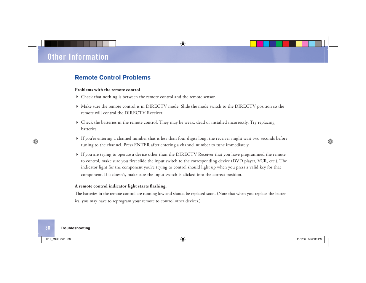 Other information, Remote control problems | Toner Cable D12 Digital Satellite Receiver User Manual | Page 46 / 81