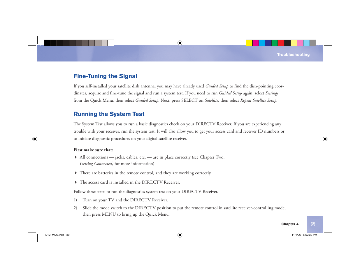 Fine-tuning the signal, Running the system test | Toner Cable D12 Digital Satellite Receiver User Manual | Page 47 / 81
