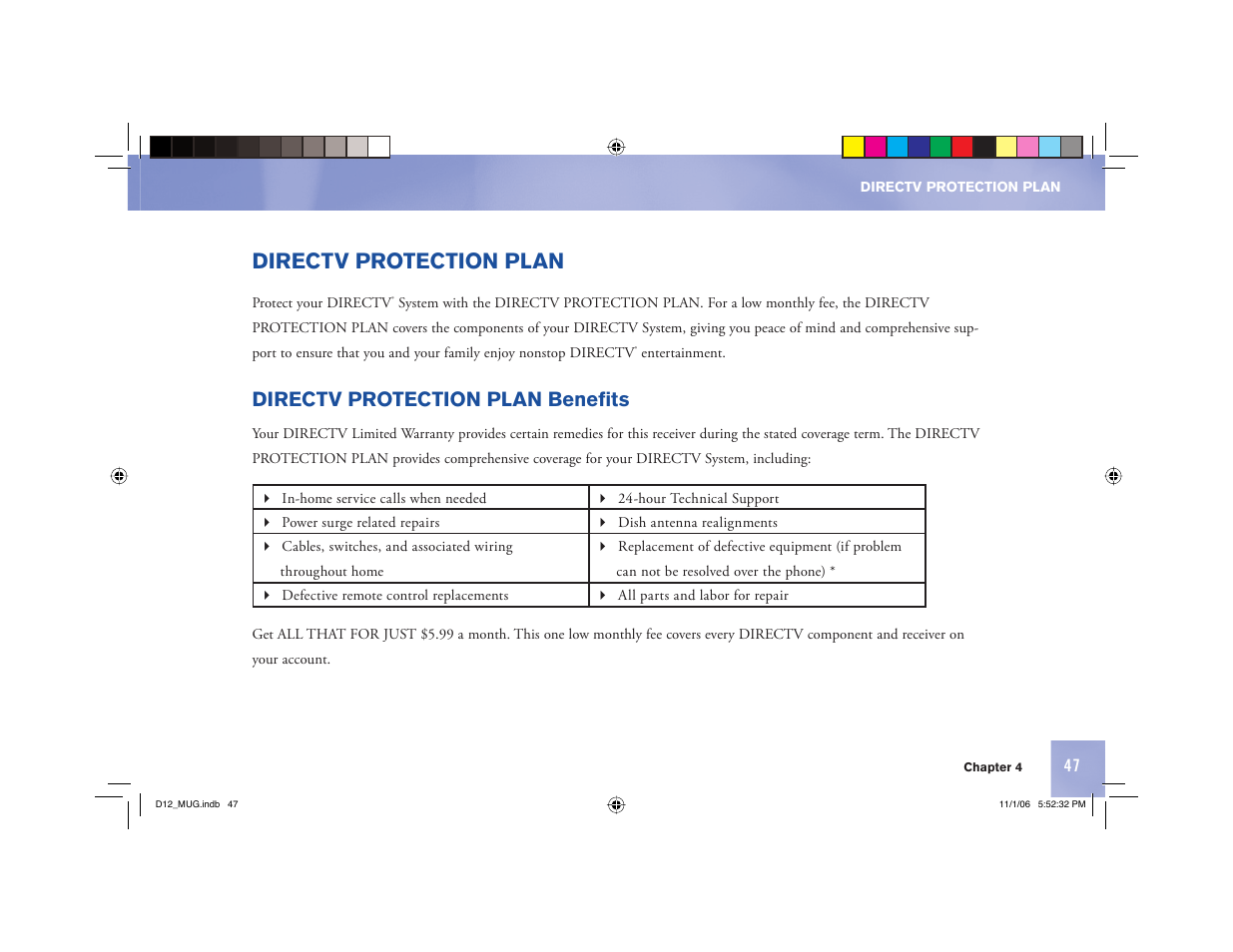 Directv protection plan, Directv protection plan benefits | Toner Cable D12 Digital Satellite Receiver User Manual | Page 55 / 81