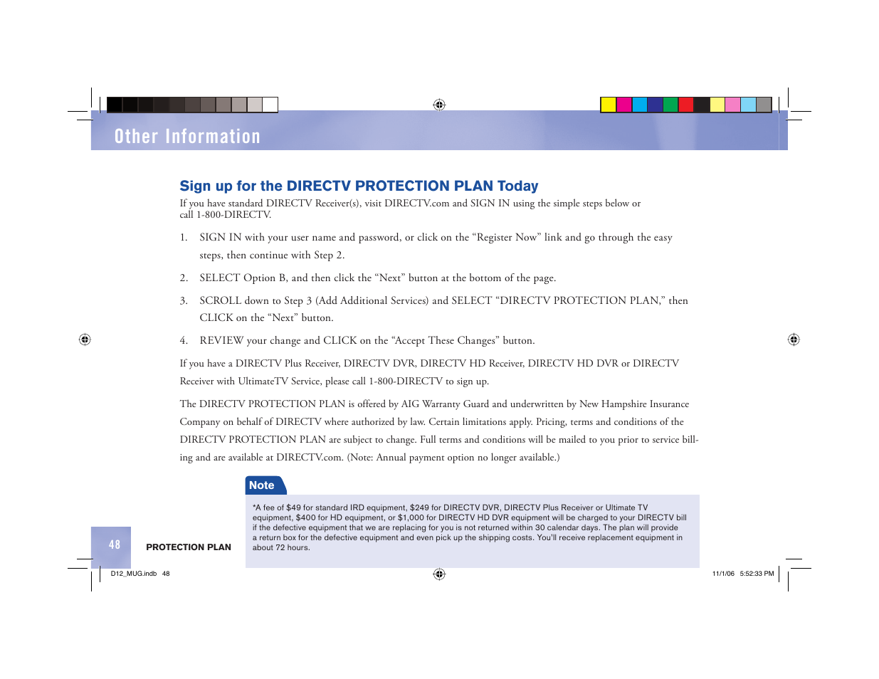 Other information, Sign up for the directv protection plan today | Toner Cable D12 Digital Satellite Receiver User Manual | Page 56 / 81