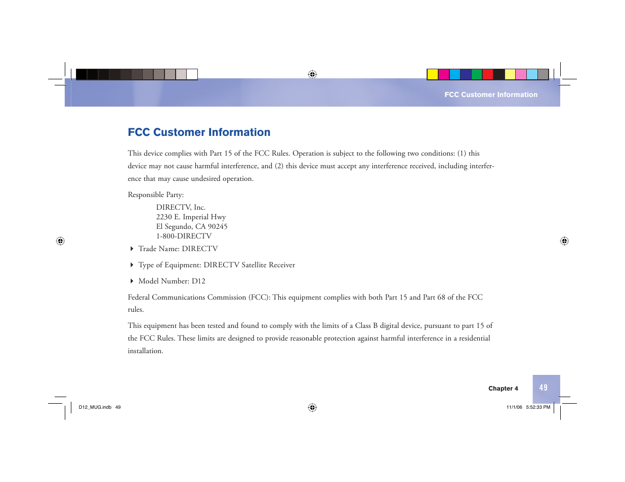 Fcc customer information | Toner Cable D12 Digital Satellite Receiver User Manual | Page 57 / 81