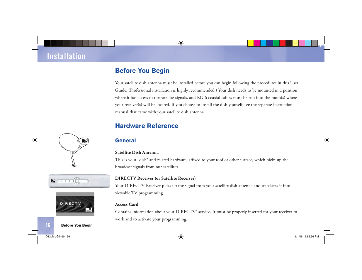 Installation, Before you begin, Hardware reference | Toner Cable D12 Digital Satellite Receiver User Manual | Page 64 / 81