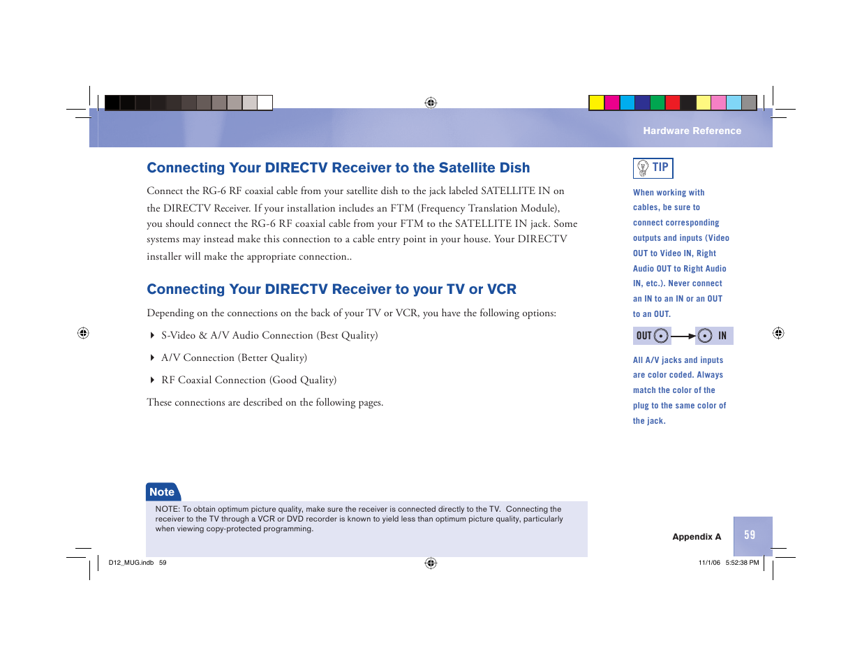 Connecting your directv receiver to your tv or vcr | Toner Cable D12 Digital Satellite Receiver User Manual | Page 67 / 81