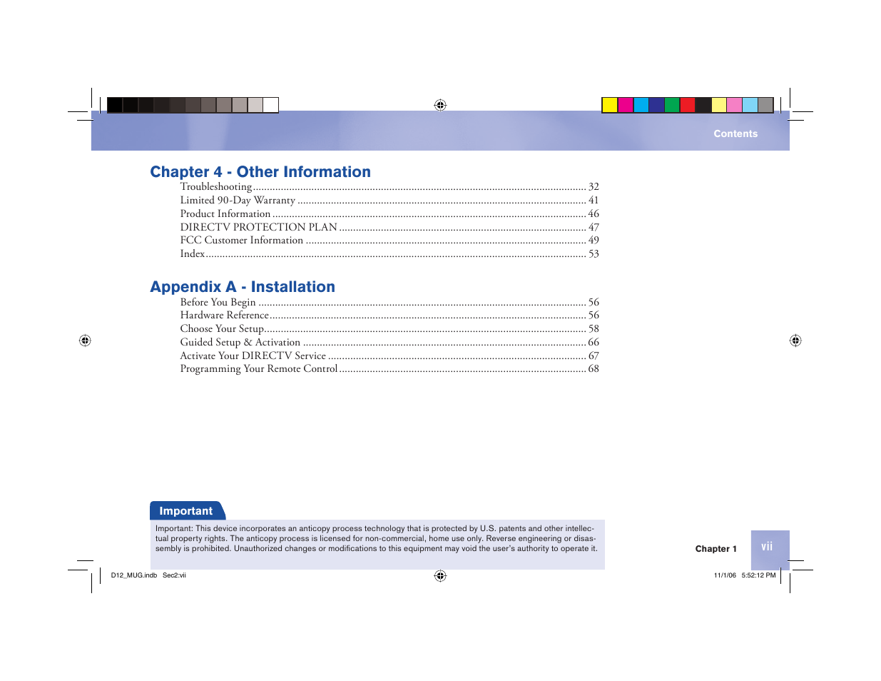 Chapter 4 - other information, Appendix a - installation | Toner Cable D12 Digital Satellite Receiver User Manual | Page 7 / 81