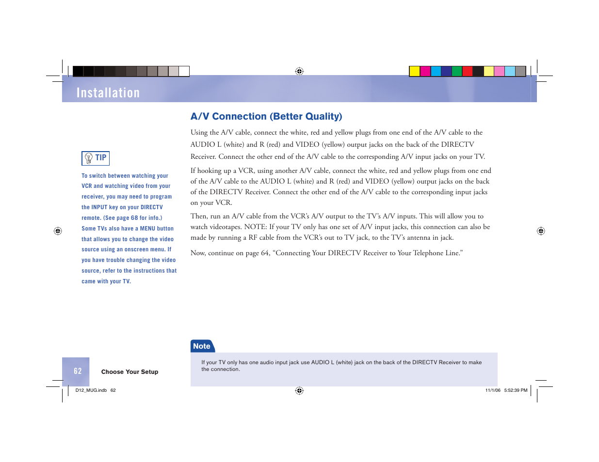 Installation, A/v connection (better quality) | Toner Cable D12 Digital Satellite Receiver User Manual | Page 70 / 81