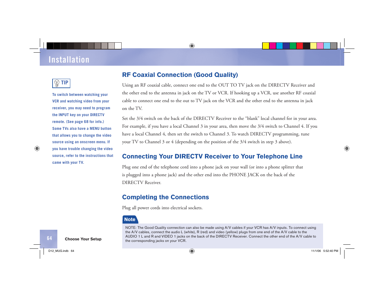 Installation, Rf coaxial connection (good quality), Completing the connections | Toner Cable D12 Digital Satellite Receiver User Manual | Page 72 / 81