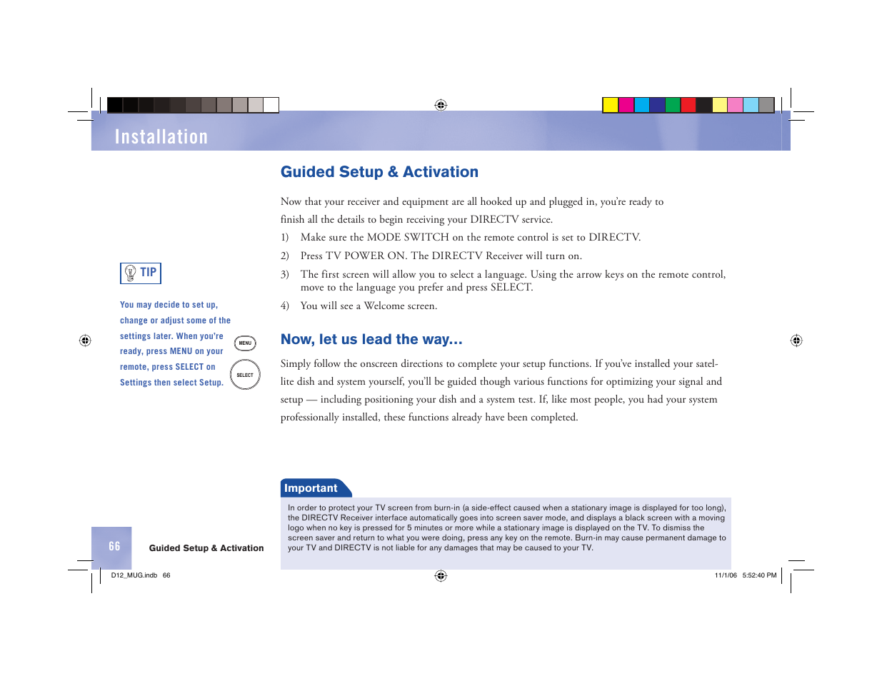 Installation, Guided setup & activation, Now, let us lead the way | Toner Cable D12 Digital Satellite Receiver User Manual | Page 74 / 81