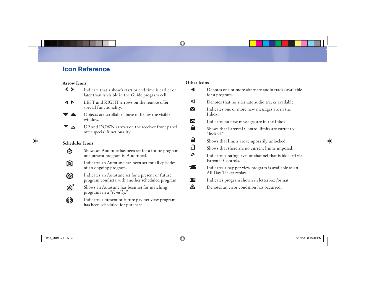 060615 d12_mug hi-res-insidebackcvr.pdf, Icon reference | Toner Cable D12 Digital Satellite Receiver User Manual | Page 81 / 81