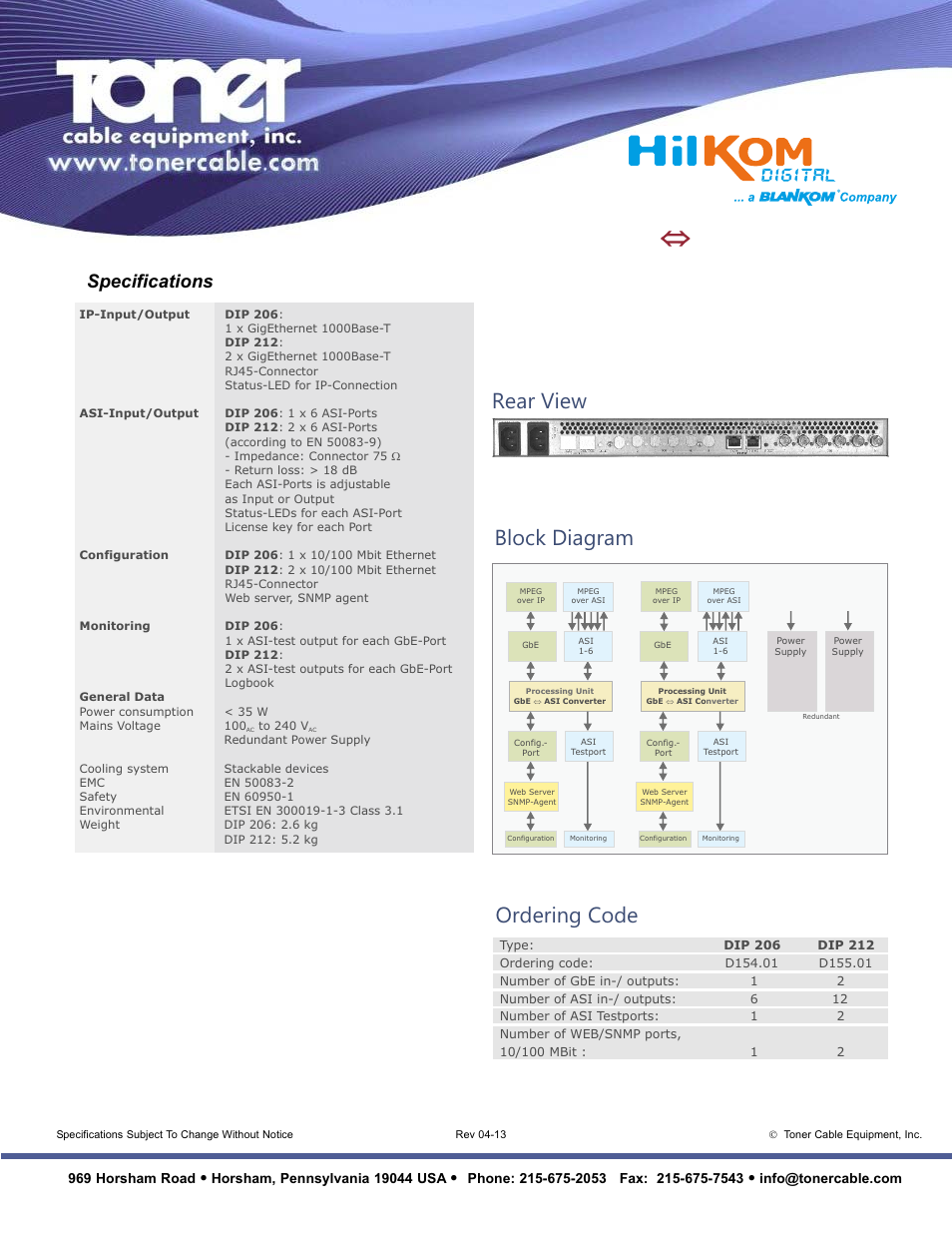 3 ⇔  $6,*dwhzd, Rear view, Ordering code | Block diagram, Specifications | Toner Cable DIP 2xx IP - ASI Gateway User Manual | Page 2 / 2