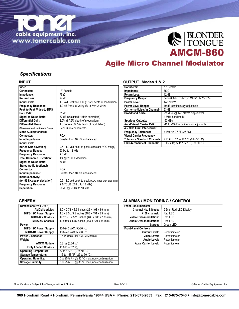 Amcm-860, Agile micro channel modulator, Specifications | Toner Cable AMCM-860 7766D Agile Micro Channel Modulator User Manual | Page 2 / 2