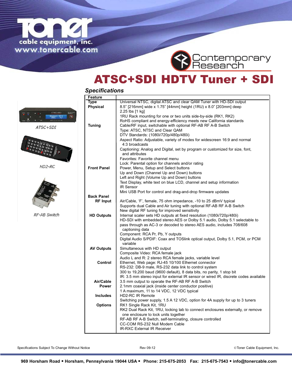 Atsc+sdi hdtv tuner + sdi, Specifications | Toner Cable ATSC+SDI HDTV Tuner + SDI User Manual | Page 2 / 2