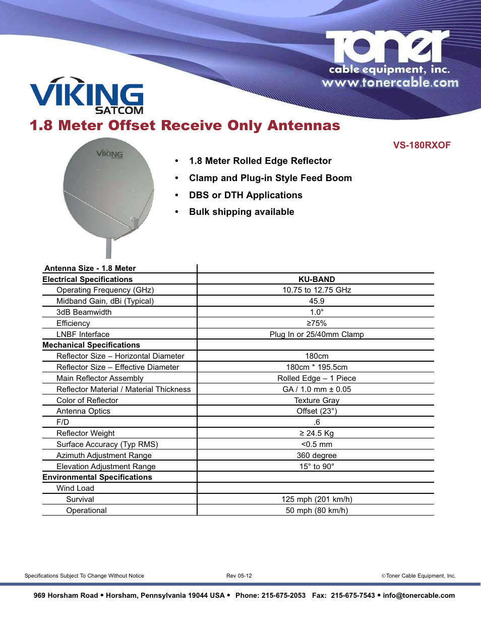 Toner Cable VS-180RXOF 1.8 Meter Offset Receive Only Antenna User Manual | 1 page