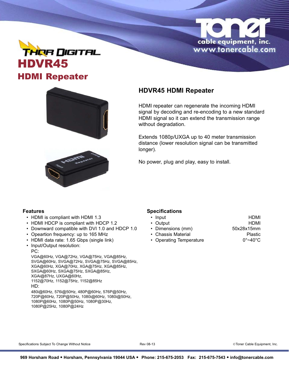 Toner Cable HDVR45 HDMI Repeater User Manual | 1 page