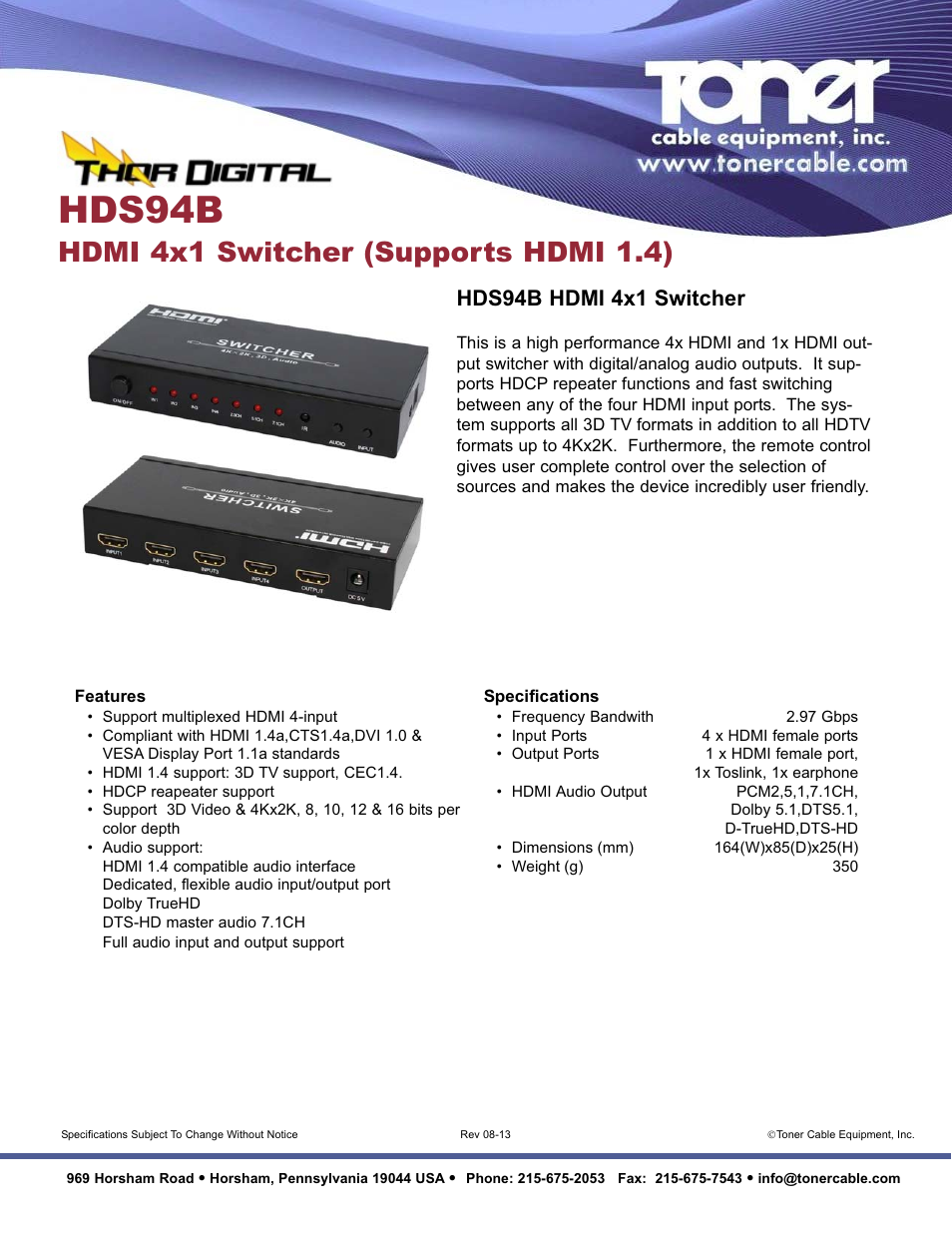 Toner Cable HDS94B HDMI 4x1 Switcher User Manual | 1 page
