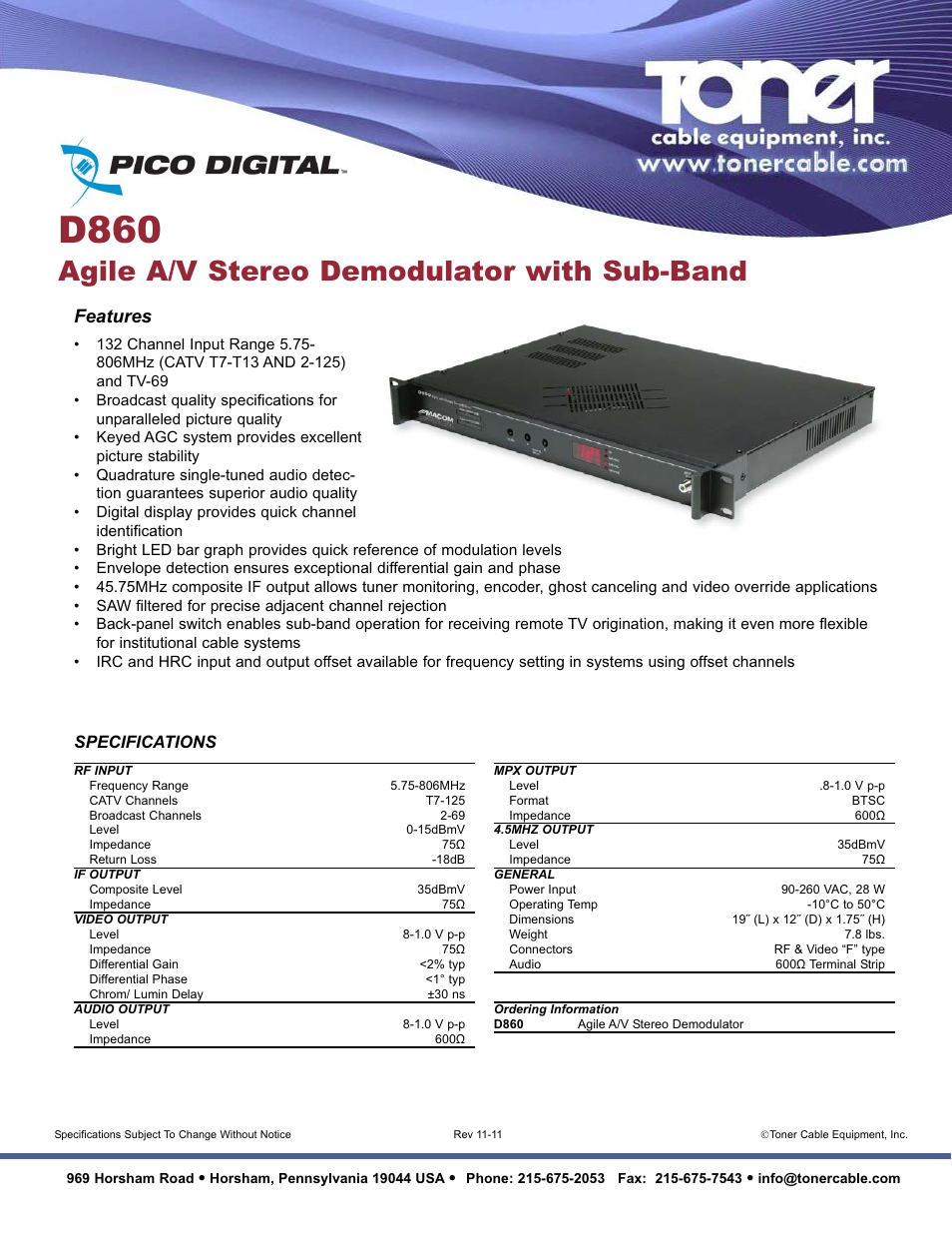 Toner Cable D860 Agile A_V Stereo Demodulator with Sub-Band User Manual | 1 page