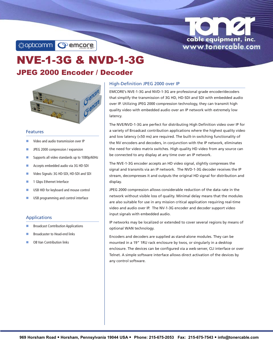 Toner Cable NV*-1-3G JPEG 2000 Encoder _ Decoder User Manual | 2 pages