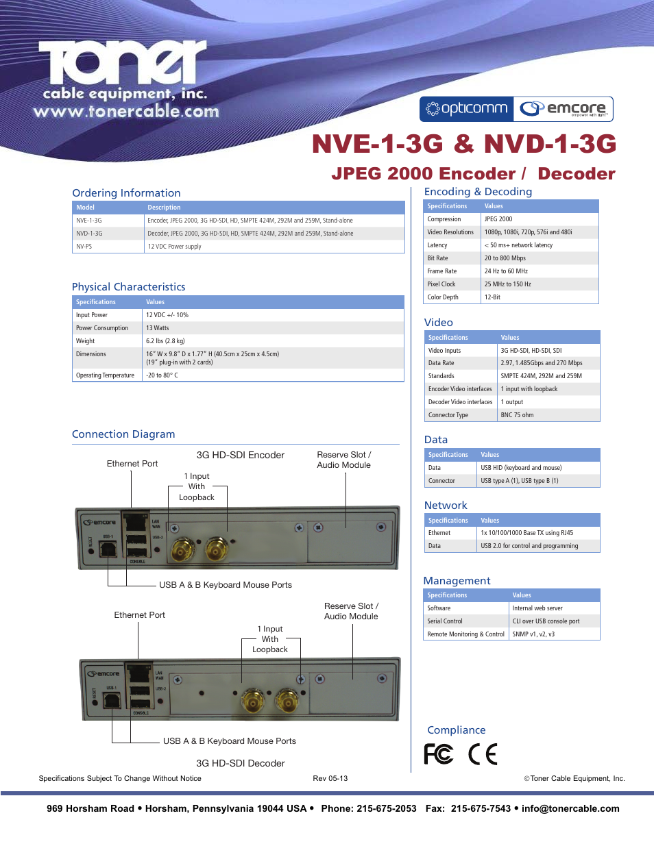 Nve-1-3g & nvd-1-3g, Jpeg 2000 encoder / decoder, Ordering information encoding & decoding | Physical characteristics, Connection diagram network, Data, Management, Compliance video | Toner Cable NV*-1-3G JPEG 2000 Encoder _ Decoder User Manual | Page 2 / 2