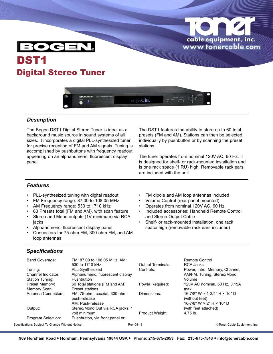 Toner Cable DST1 Digital Stereo Tuner User Manual | 1 page