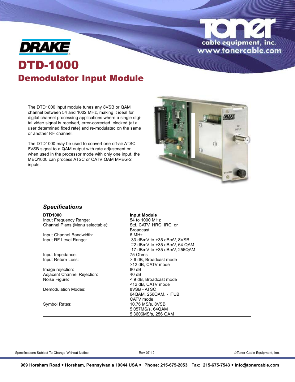 Toner Cable DTD-1000 Demodulator Input Module User Manual | 1 page