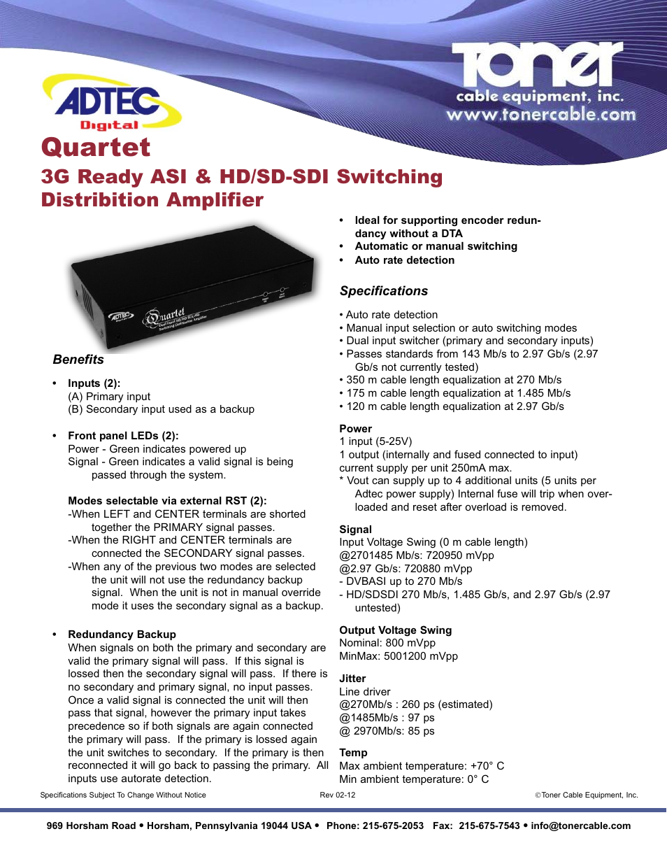 Toner Cable Quartet 3G Ready ASI & HD_SD-SDI Switching Distribution Amplifier User Manual | 1 page