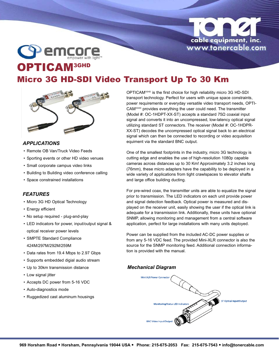 Toner Cable OPTICAM3GHD Micro 3G HD-SDI Video Transport User Manual | 2 pages