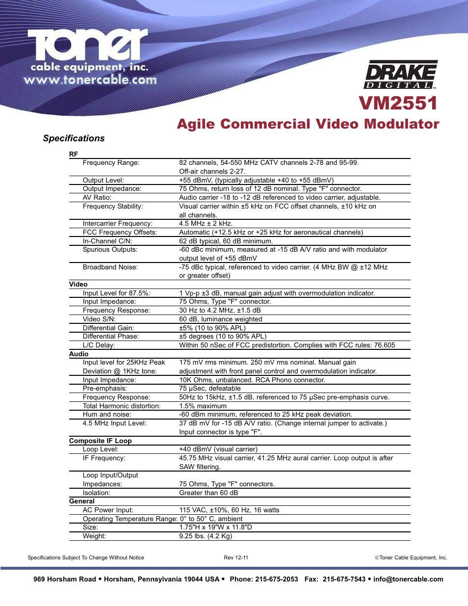 Vm2551, Agile commercial video modulator, Specifications | Toner Cable VM2551 Frequency Agile Modulator User Manual | Page 2 / 2