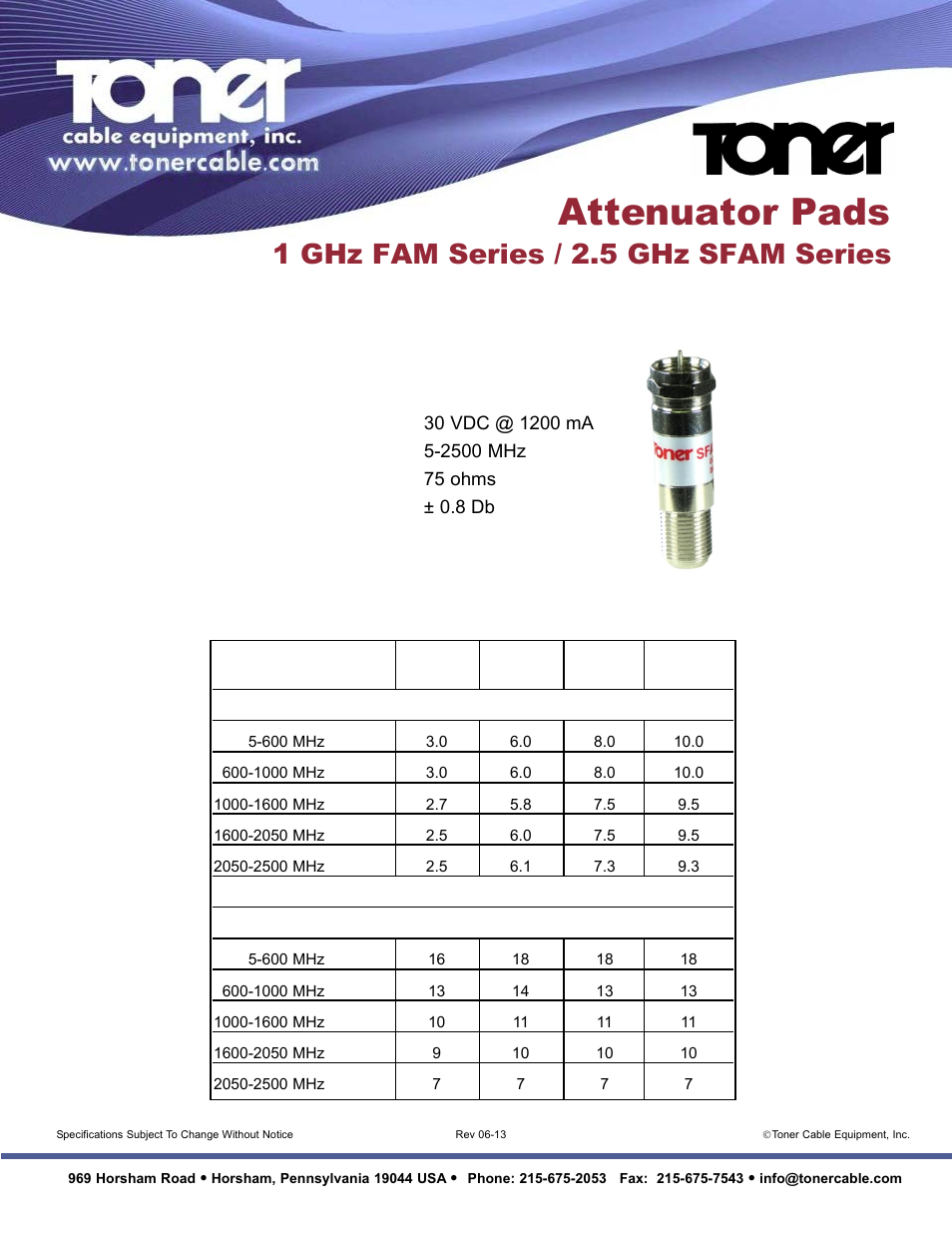 Attenuator pads, 1 ghz fam series / 2.5 ghz sfam series, Sfam 2.5 ghz satellite power passing attenuators | Toner Cable FAM Attenuator Pads User Manual | Page 2 / 2