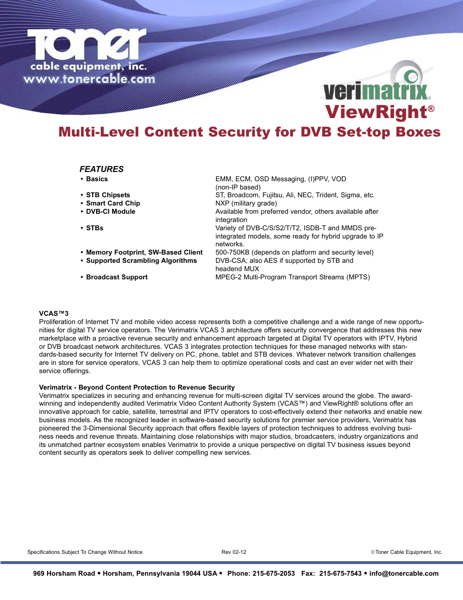Viewright | Toner Cable ViewRight Multi-Level Content Security for DVB Set-top Boxes User Manual | Page 2 / 2