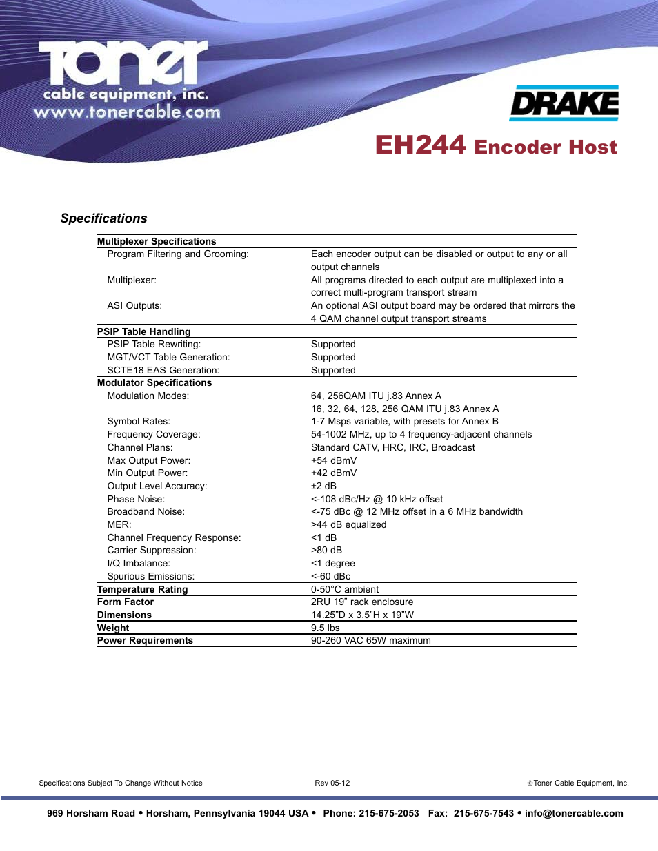 Eh244, Encoder host, Specifications | Toner Cable EH244 Encoder Host User Manual | Page 2 / 2