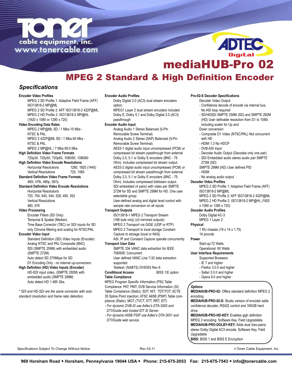 Mediahub-pro 02, Mpeg 2 standard & high definition encoder, Specifications | Toner Cable MediaHUB-Pro 02 MPEG 2 Standard & High Definition Encoder User Manual | Page 2 / 2