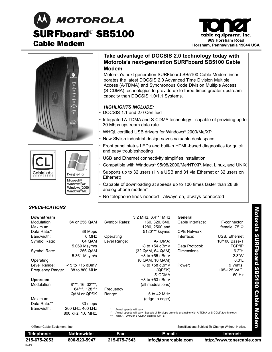 Toner Cable SB5100 SURFBoard Cable Modem User Manual | 1 page