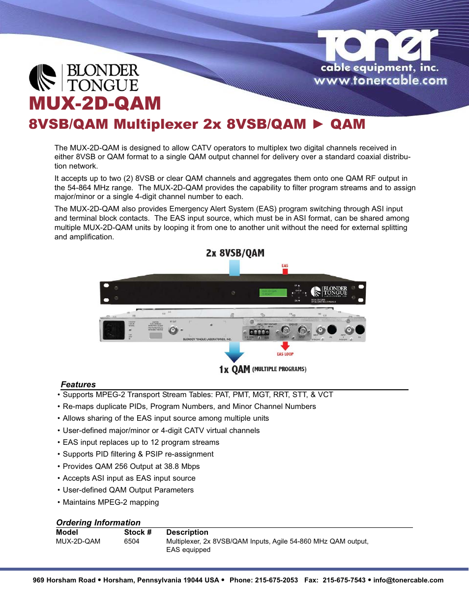 Toner Cable MUX-2D-QAM 8 VSB_QAM Multiplexer User Manual | 2 pages
