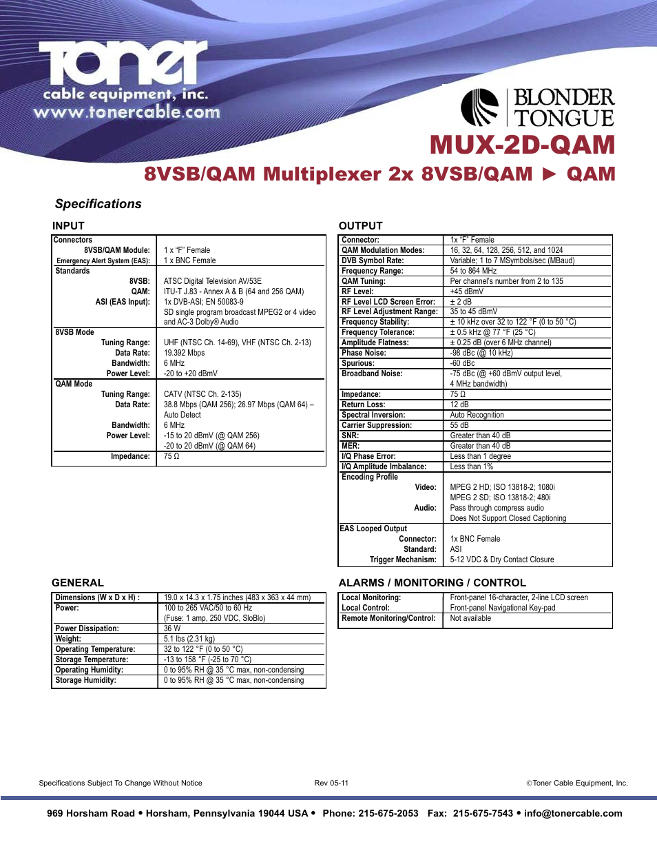 Mux-2d-qam, 8vsb/qam multiplexer 2x 8vsb/qam ► qam, Specifications | Toner Cable MUX-2D-QAM 8 VSB_QAM Multiplexer User Manual | Page 2 / 2
