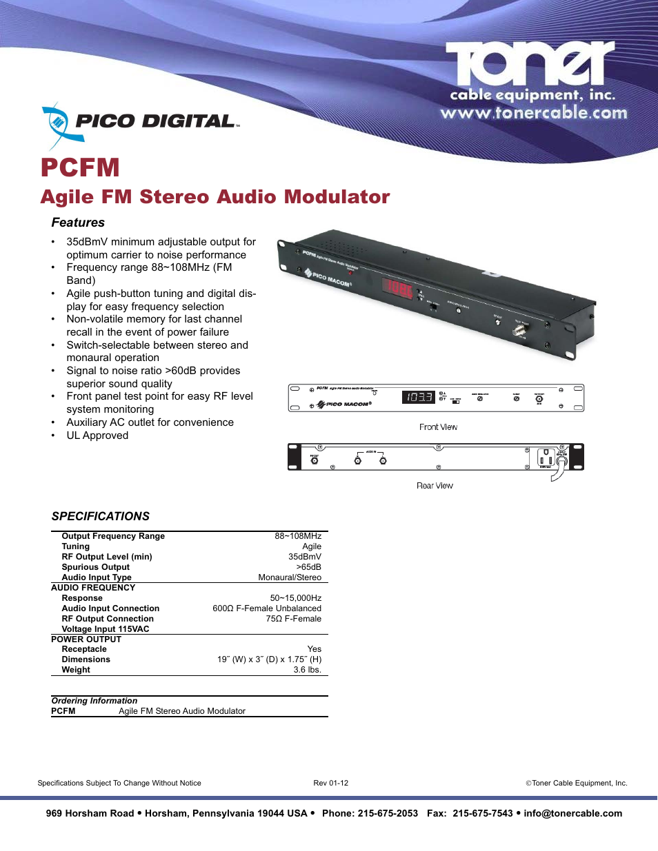 Toner Cable PCFM Agile FM Stereo Audio Modulator User Manual | 1 page