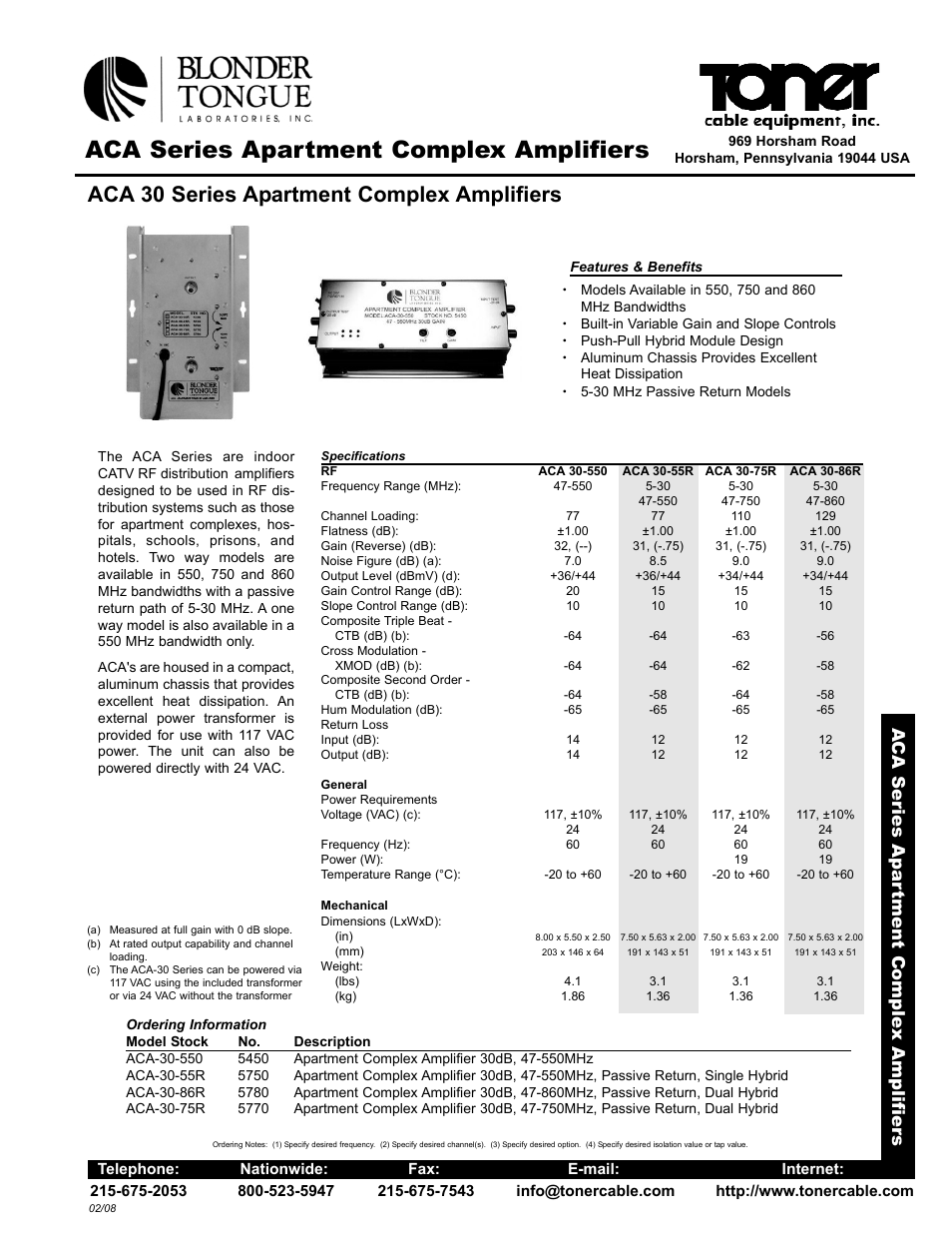 Toner Cable ACA-30-55R 5750 ACA Series CATV RF Distribution Amplifier User Manual | 2 pages