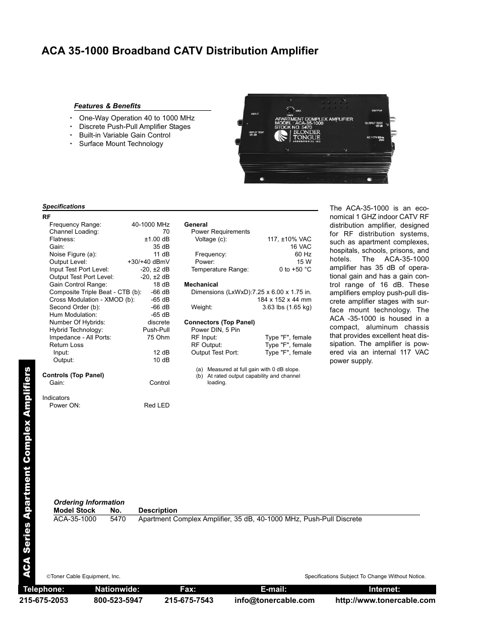 Aca series a par tment comple x amplifier s | Toner Cable ACA-30-55R 5750 ACA Series CATV RF Distribution Amplifier User Manual | Page 2 / 2