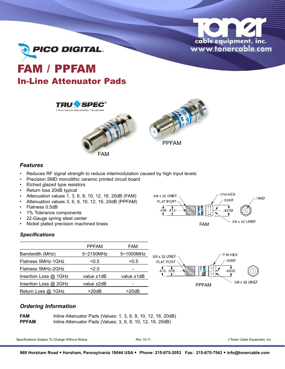 Toner Cable FAM _ PPFAM In-Line Attenuator Pads User Manual | 1 page