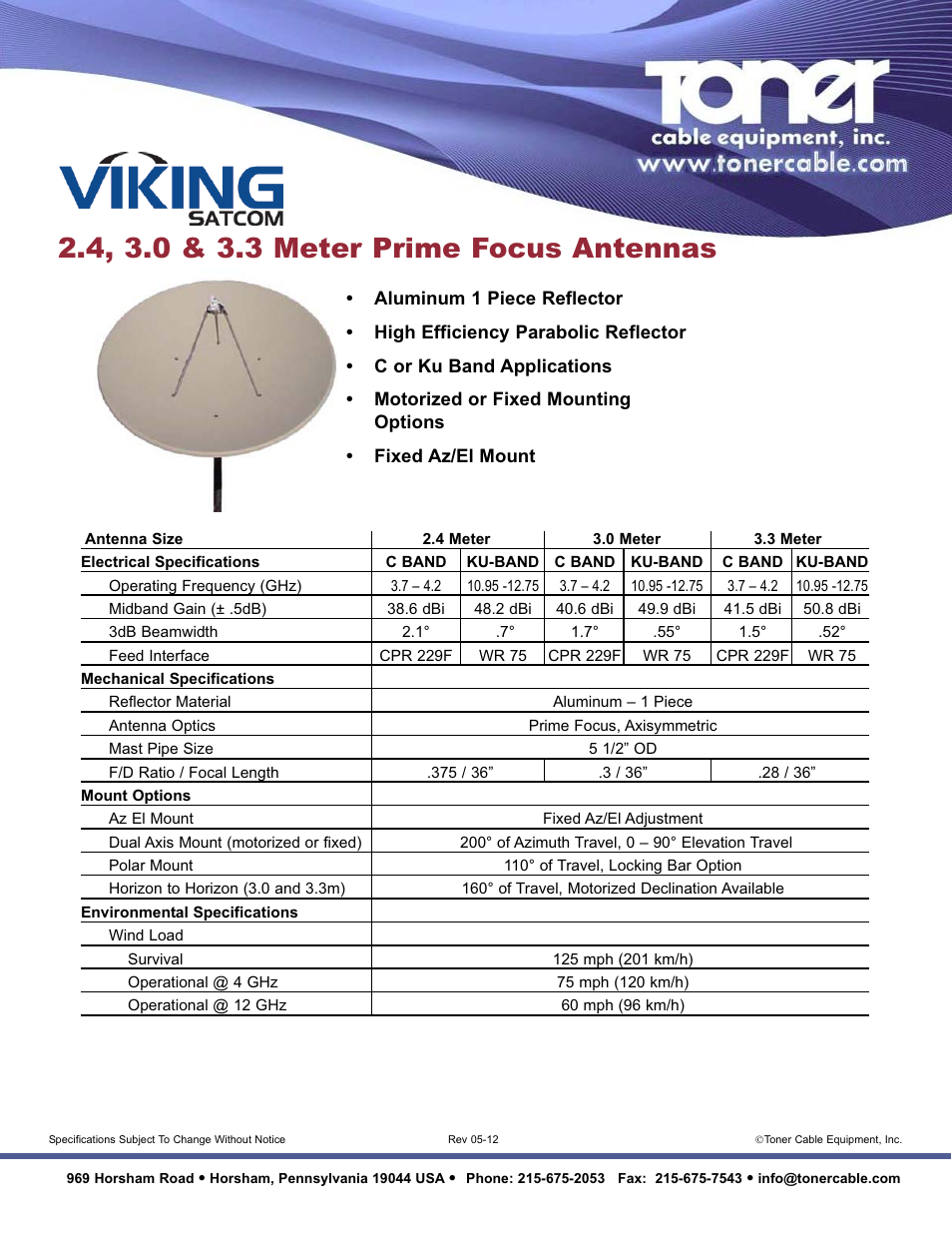 Toner Cable 3.3 Meter Prime Focus Antenna with High Efficiency Parabolic Reflector User Manual | 1 page