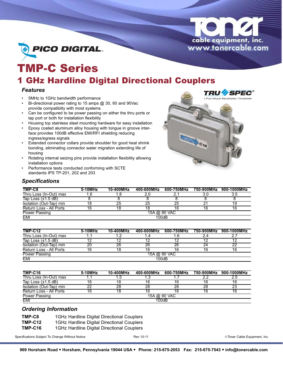 Toner Cable TMP-C 1 GHz Hardline Digital Directional Couplers User Manual | 1 page