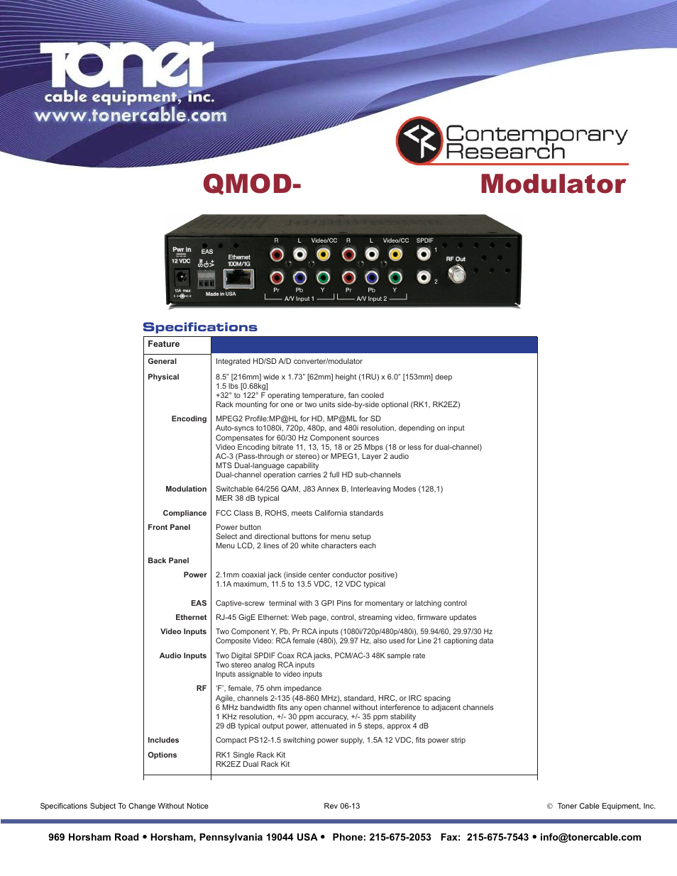 Qmod-<3%+'79modulator, Specifications | Toner Cable QMOD-YPB2 HDTV Modulator User Manual | Page 2 / 2