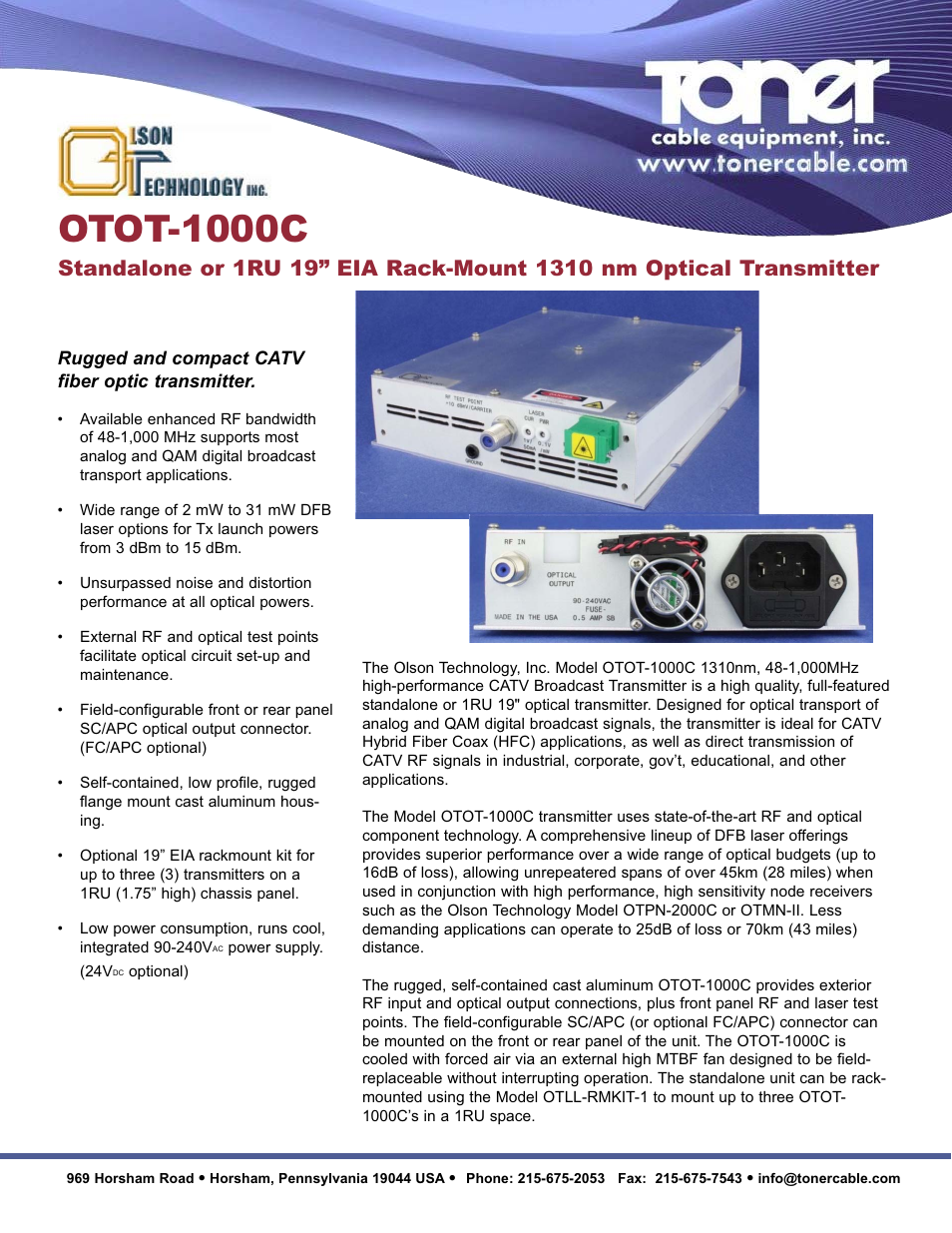 Toner Cable OTOT-1000C 1310nm CATV Broadcast Optical Transmitter User Manual | 2 pages