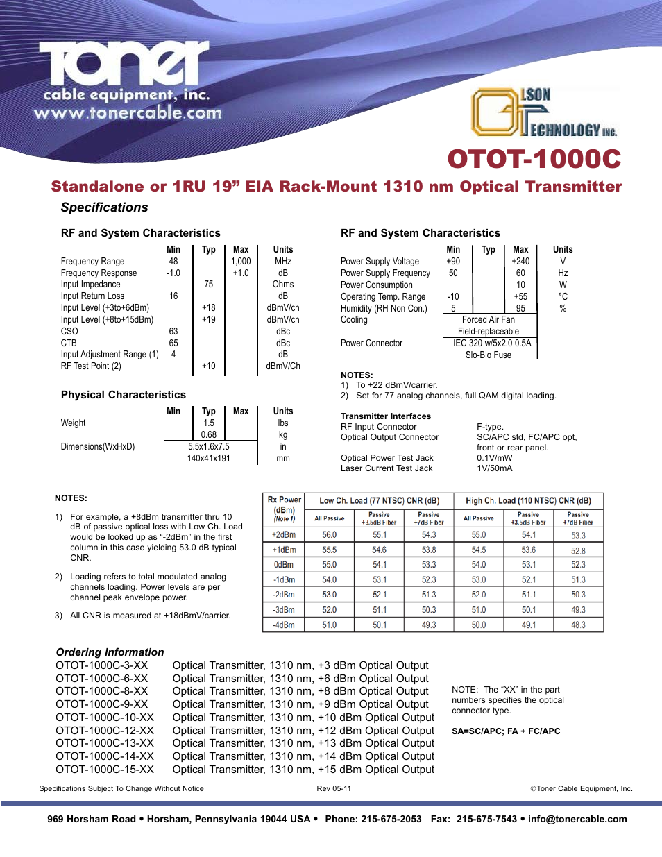 Otot-1000c, Specifications | Toner Cable OTOT-1000C 1310nm CATV Broadcast Optical Transmitter User Manual | Page 2 / 2