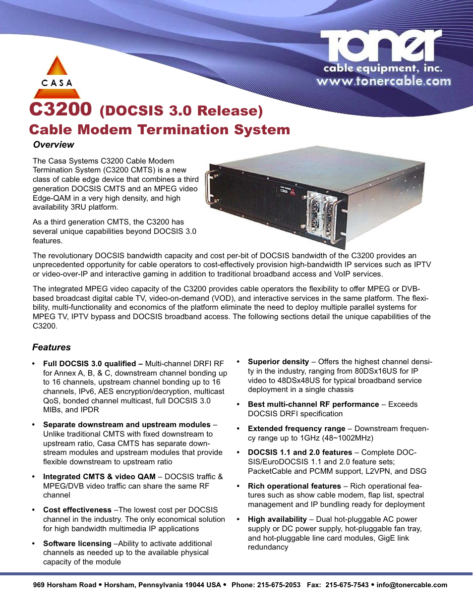 Toner Cable C3200 DOCSIS 3.0 Cable Modem Termination System User Manual | 2 pages