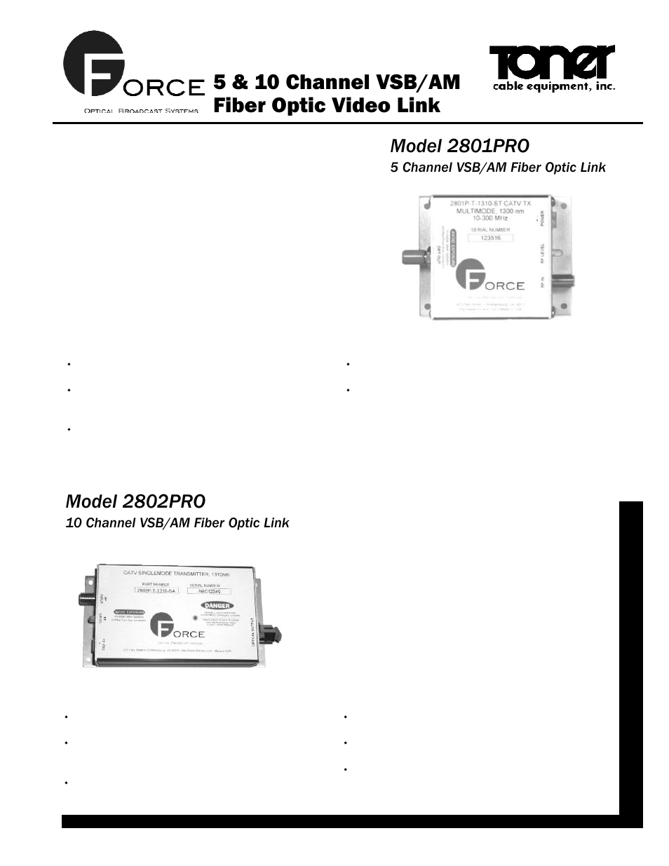 Toner Cable 2801 PRO 5 Channel VSB_AM Fiber Optic Transmitter - Fiber Optic Receiver User Manual | 2 pages