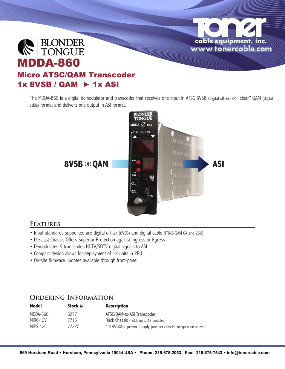 Toner Cable MDDA-860 Micro ATSC _ QAM Transcoder 1x 8VSB _ QAM - 1x ASI User Manual | 2 pages