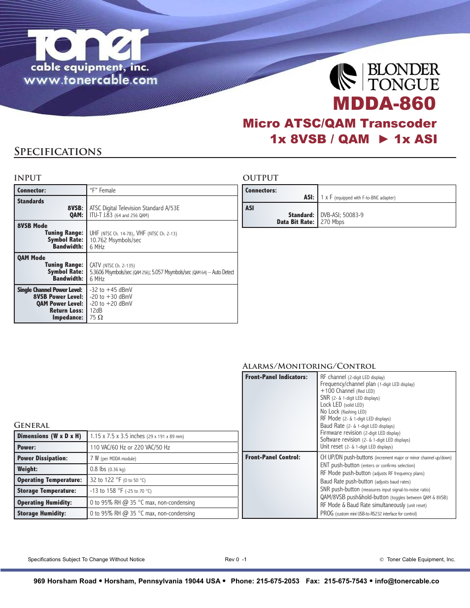 Mdda-860, Micro atsc/qam transcoder 1x 8vsb / qam ► 1x asi, Specifications | Toner Cable MDDA-860 Micro ATSC _ QAM Transcoder 1x 8VSB _ QAM - 1x ASI User Manual | Page 2 / 2