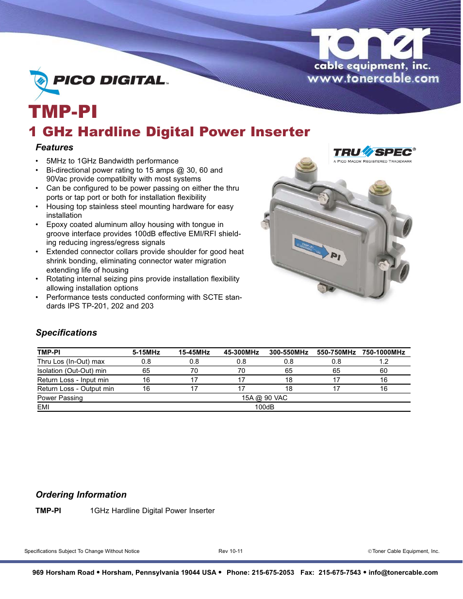 Toner Cable TMP-PI 1 GHz Hardline Digital Power Inserter User Manual | 1 page