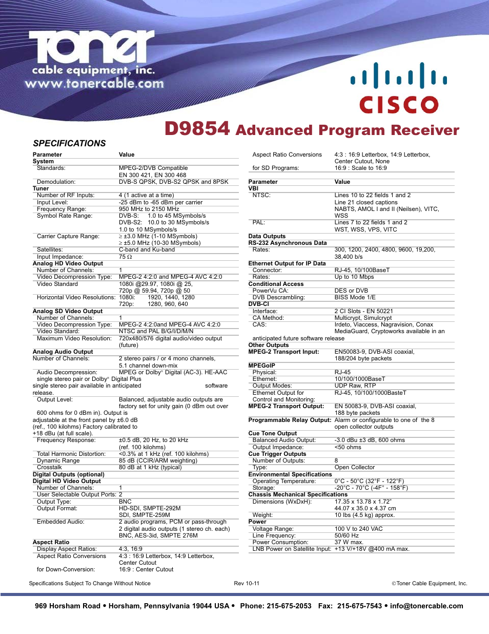 D9854, Advanced program receiver, Specifications | Toner Cable D9854 Advanced Program Receiver User Manual | Page 2 / 2
